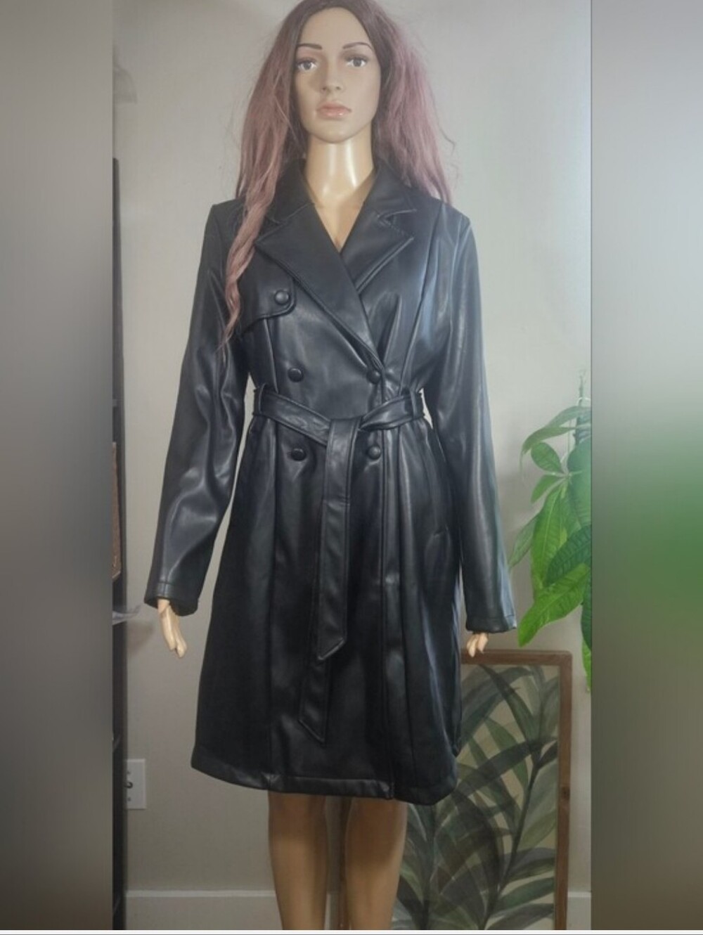 Love Tree Black Faux Leather Double-Breasted Trench Coat with Belt Long Line